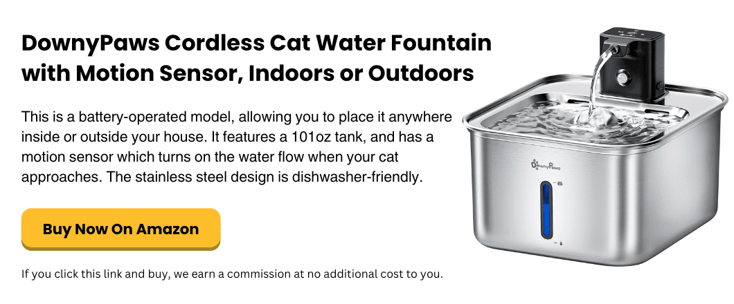 simplysmartpettech.com DownyPaws Cordless Cat Water Fountain with Motion Sensor, Indoors or Outdoors