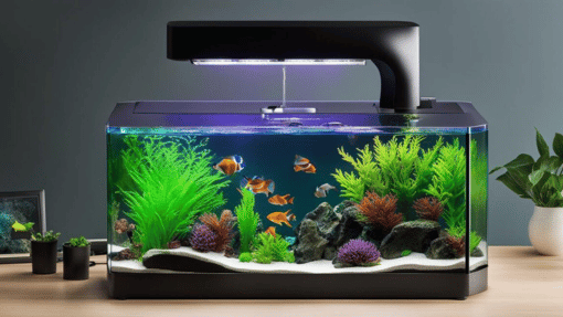 Smart devices - an aquarium system with goldfish swimming, featuring digital monitoring displays and automated technology